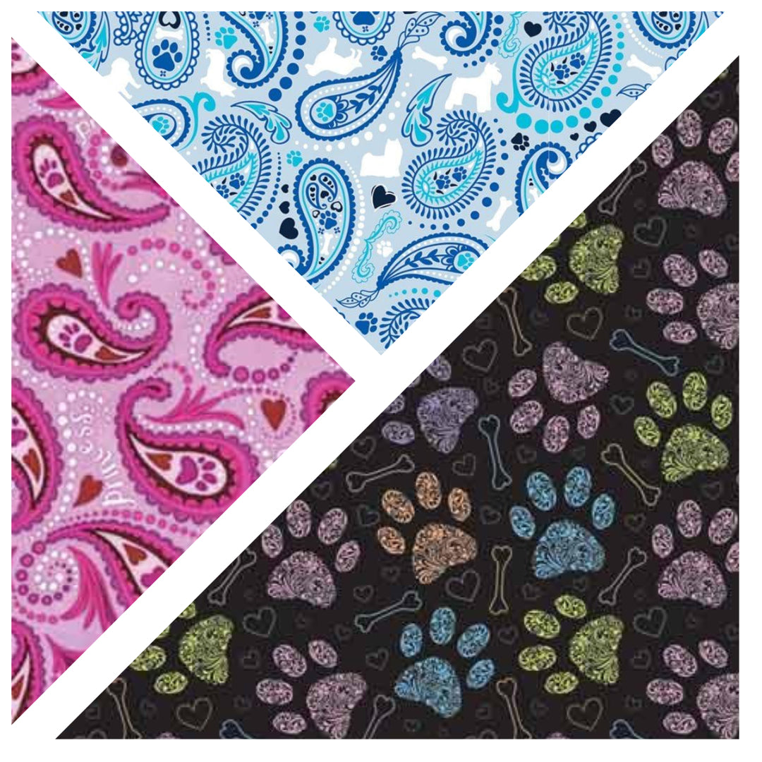 Animal Bandanna Bundle pack of 3 Colorful Paws, Dog Paisley Blue & Princess Paw